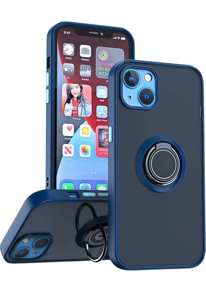 Apple iPhone 13 Uyumlu Kılıf Yüzüklü Standlı Extra Darbe Koruma Sert Silikon Kapak - Lacivert