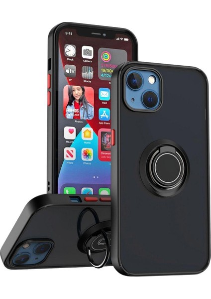 Apple iPhone 14 Plus Uyumlu Kılıf Yüzüklü Standlı Extra Darbe Koruma Sert Silikon Kapak - Siyah