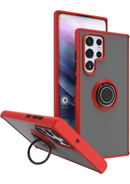Samsung Galaxy S25 Ultra Uyumlu Kılıf Yüzüklü Standlı Extra Darbe Koruma Sert Silikon Kapak - Kırmızı