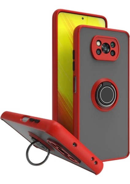 Poco X3 Pro Uyumlu Kılıf Yüzüklü Standlı Extra Darbe Koruma Sert Silikon Kapak - Kırmızı