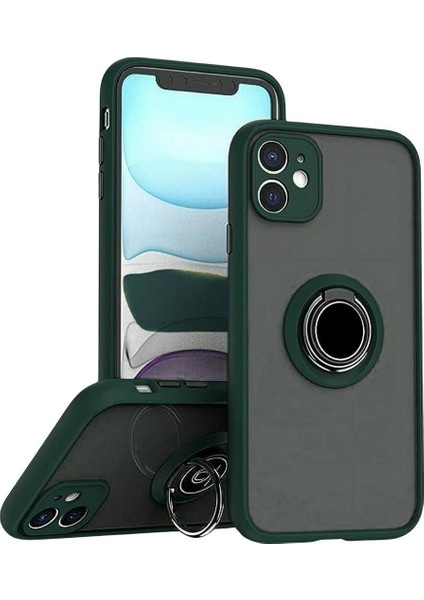 Apple iPhone 12 Uyumlu Kılıf Yüzüklü Standlı Extra Darbe Koruma Sert Silikon Kapak - Yeşil