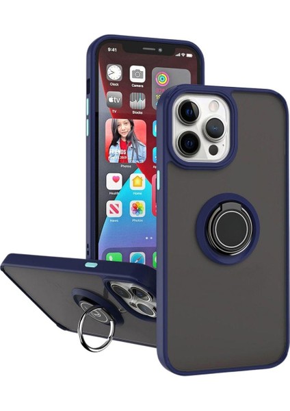 Apple iPhone 12 Pro Max Uyumlu Kılıf Yüzüklü Standlı Extra Darbe Koruma Sert Silikon Kapak - Lacivert