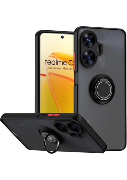 Realme C55 Uyumlu Kılıf Yüzüklü Standlı Extra Darbe Koruma Sert Silikon Kapak - Siyah