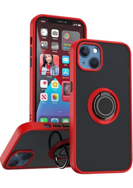 Apple iPhone 14 Uyumlu Kılıf Yüzüklü Standlı Extra Darbe Koruma Sert Silikon Kapak - Kırmızı