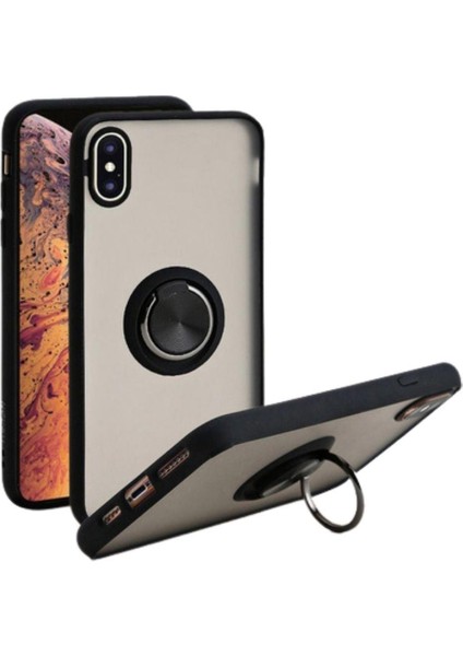 Apple iPhone x Uyumlu Kılıf Yüzüklü Standlı Extra Darbe Koruma Sert Silikon Kapak - Siyah