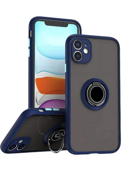 Apple iPhone 12 Uyumlu Kılıf Yüzüklü Standlı Extra Darbe Koruma Sert Silikon Kapak - Lacivert
