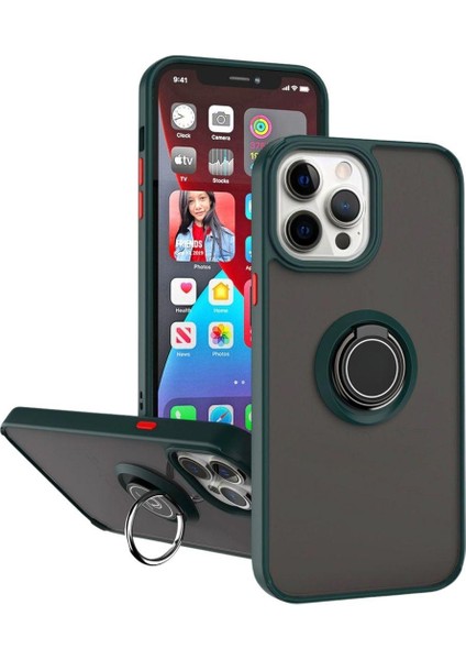 Apple iPhone 12 Pro Max Uyumlu Kılıf Yüzüklü Standlı Extra Darbe Koruma Sert Silikon Kapak - Yeşil