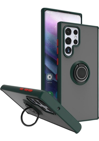 Samsung Galaxy S22 Ultra Uyumlu Kılıf Yüzüklü Standlı Extra Darbe Koruma Sert Silikon Kapak - Yeşil