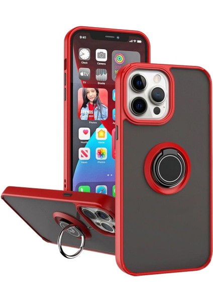 Apple iPhone 12 Pro Max Uyumlu Kılıf Yüzüklü Standlı Extra Darbe Koruma Sert Silikon Kapak - Kırmızı