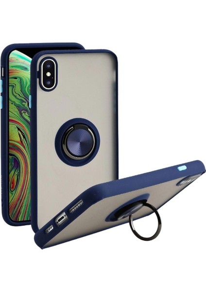 Apple iPhone Xs Uyumlu Kılıf Yüzüklü Standlı Extra Darbe Koruma Sert Silikon Kapak - Lacivert