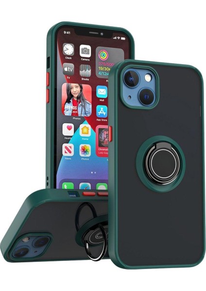 Apple iPhone 13 Uyumlu Kılıf Yüzüklü Standlı Extra Darbe Koruma Sert Silikon Kapak - Yeşil