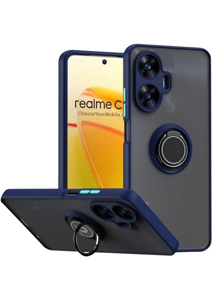 Realme C55 Uyumlu Kılıf Yüzüklü Standlı Extra Darbe Koruma Sert Silikon Kapak - Lacivert