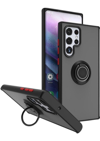 Samsung Galaxy S23 Ultra Uyumlu Kılıf Yüzüklü Standlı Extra Darbe Koruma Sert Silikon Kapak - Siyah