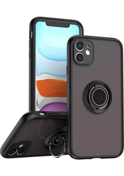 Apple iPhone 12 Uyumlu Kılıf Yüzüklü Standlı Extra Darbe Koruma Sert Silikon Kapak - Siyah