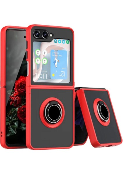 Samsung Galaxy Z Flip 5 Uyumlu Kılıf Yüzüklü Standlı Extra Darbe Koruma Sert Silikon Kapak - Kırmızı