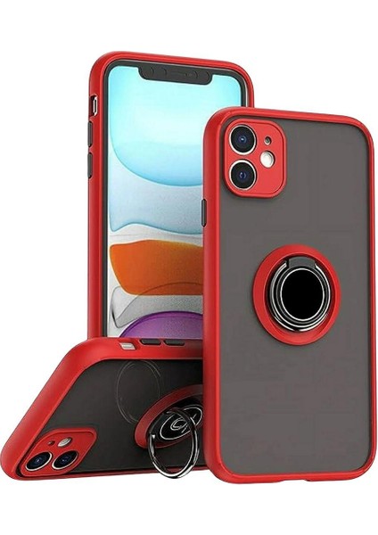 Apple iPhone 12 Uyumlu Kılıf Yüzüklü Standlı Extra Darbe Koruma Sert Silikon Kapak - Kırmızı
