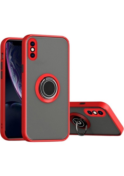 Apple iPhone x Uyumlu Kılıf Yüzüklü Standlı Extra Darbe Koruma Sert Silikon Kapak - Kırmızı