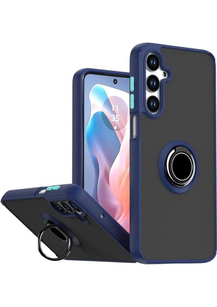 Samsung Galaxy A34 Uyumlu Kılıf Yüzüklü Standlı Extra Darbe Koruma Sert Silikon Kapak - Lacivert