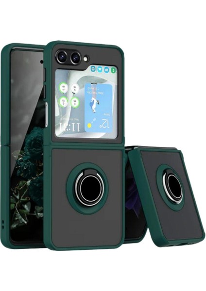 Samsung Galaxy Z Flip 5 Uyumlu Kılıf Yüzüklü Standlı Extra Darbe Koruma Sert Silikon Kapak - Yeşil