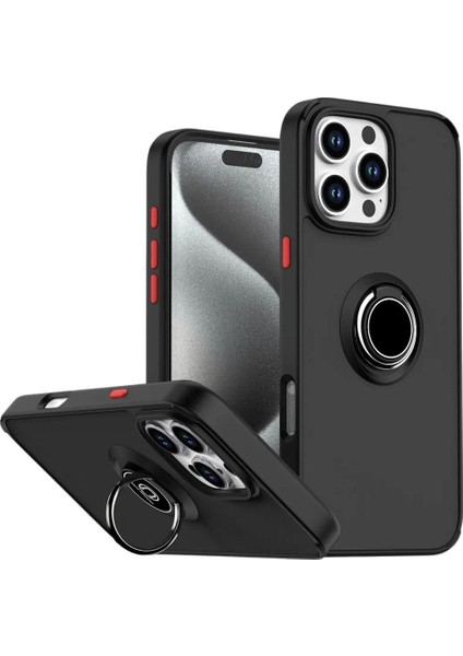Apple iPhone 15 Pro Max Uyumlu Kılıf Yüzüklü Standlı Extra Darbe Koruma Sert Silikon Kapak - Siyah