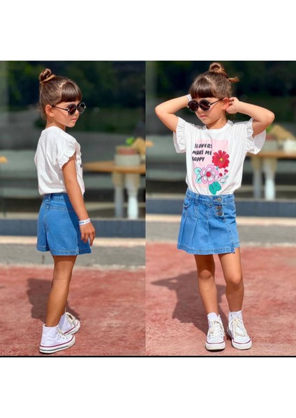Çocuk Flowers Baskılı Kot Etek Beyaz