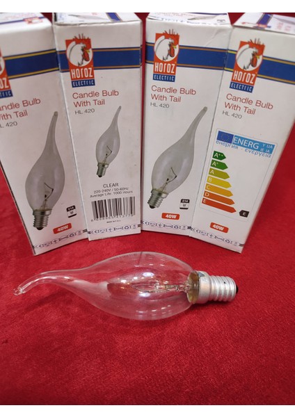 Dekoratif Ampul.şeffaf renkte,Ucu kıvrık.40WATT.(E.14)(Mum ampuldür)