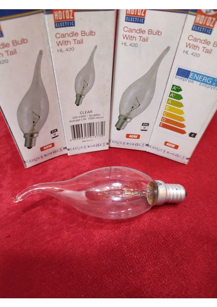 Dekoratif Ampul.şeffaf renkte,Ucu kıvrık.40WATT.(E.14)(Mum ampuldür)