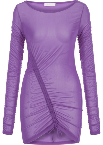 Asimetrik Büzgülü Mor Tül Elbise