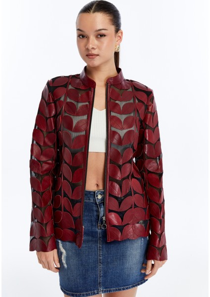 Kadın Yaprak Desen Hakiki Deri Ceket