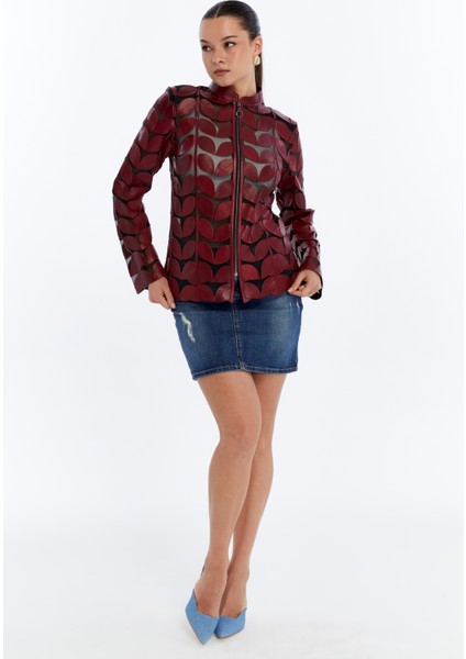 Kadın Yaprak Desen Hakiki Deri Ceket modelleri