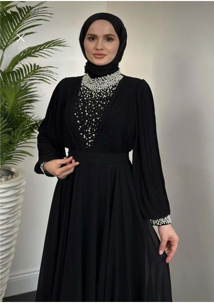 25Y4620 Elbise Abiye Şifon Kolları Piliseli Yakası Incili - Tane - 25Y4620 - Siyah - 44