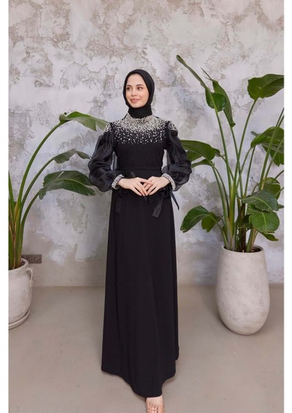 25Y4635 Elbise Abiye Yaka ve Omuzları Incili Kolları Organize Tül - Tane - 25Y4635 - Siyah - 42
