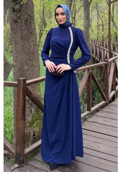 25Y4657 Elbise Abiye Krep Kumaş Bel Dropeli Taş Detay - Tane - 25Y4657 - Lacı - 48