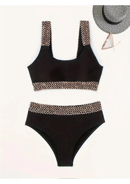 Toparlayıcı Likralı Yüksek Kalite Rose Pul Detaylı Yüksek Bel Şık Bikini Takımı, Kadin Bikini