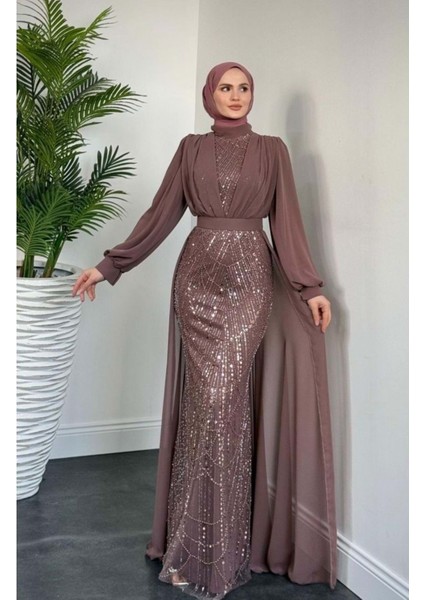25Y4630 Abiye Şifon Eteği Komple Inci Pullu - Tane - 25Y4630 - Gül Kurusu - 40