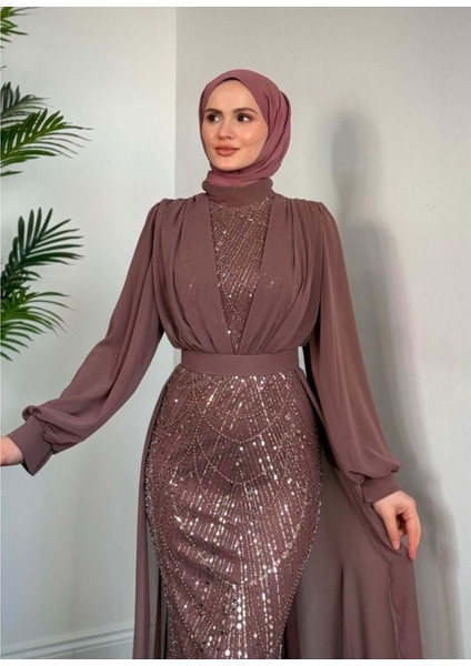 25Y4630 Abiye Şifon Eteği Komple Inci Pullu - Tane - 25Y4630 - Gül Kurusu - 40