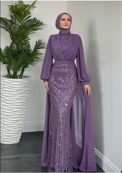 25Y4630 Abiye Şifon Eteği Komple Inci Pullu - Tane - 25Y4630 - Leylak - 46