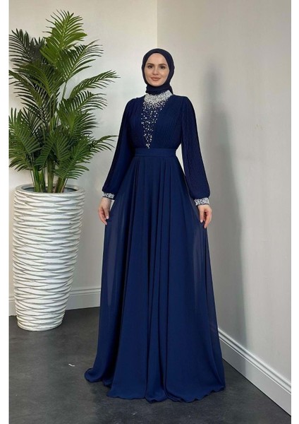 25Y4620 Elbise Abiye Şifon Kolları Piliseli Yakası Incili - Tane - 25Y4620 - Lacı - 38