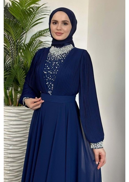 25Y4620 Elbise Abiye Şifon Kolları Piliseli Yakası Incili - Tane - 25Y4620 - Lacı - 38 fiyatları