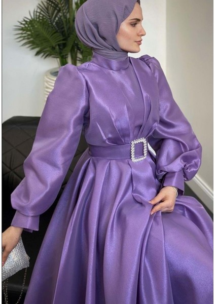 25Y4529 Elbise Abiye Tafta Kumaş Prenses Model Balon Kol - Tane - 25Y4529 - Lila - 42