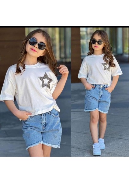 BAMBAM KİDS Çocuk Yıldızlı Taşlı Kot Takım Ekru - Mavi