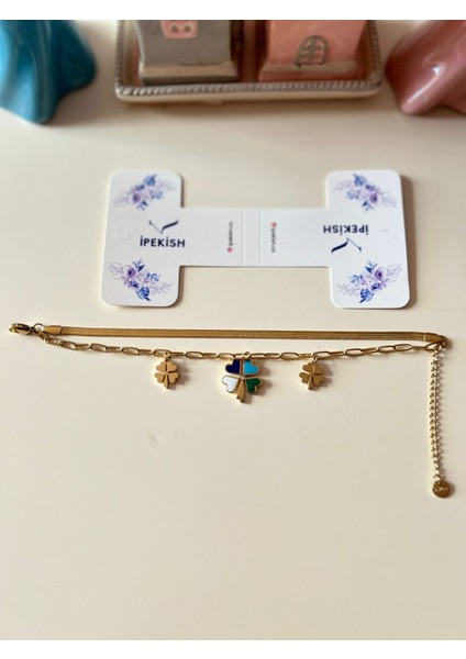 Gold Çift Zincir Bileklik 💛 Zirkon Renkli Gonca Figürlü – Ayarlanabilir – Paslanmaz Çelik