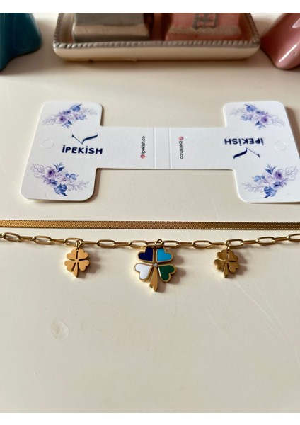 Gold Çift Zincir Bileklik 💛 Zirkon Renkli Gonca Figürlü – Ayarlanabilir – Paslanmaz Çelik