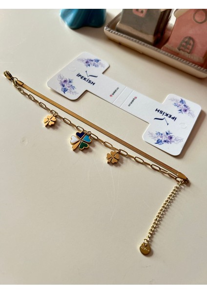 Gold Çift Zincir Bileklik 💛 Zirkon Renkli Gonca Figürlü – Ayarlanabilir – Paslanmaz Çelik