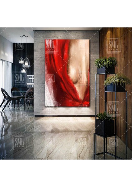 Kırmızı Elbiseli Kadın Dekolte Nü Woman Dikey Kanvas Tablo
