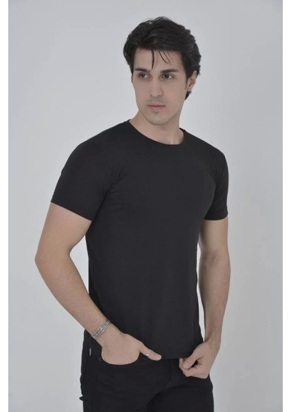 Erkek Yandan Fermuarli Slim Fit T-Shirt - Siyah