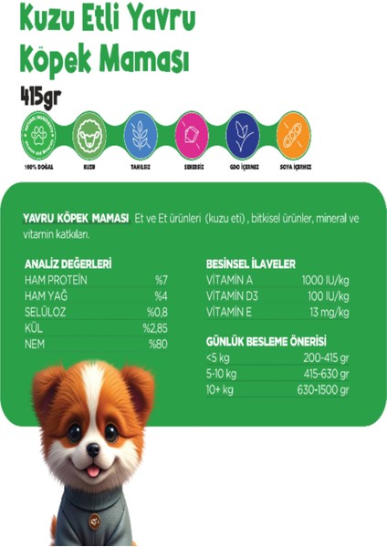 Yavru Köpek Yaş Mama Kuzu Konserve Jöleli Premium Parça Etli Yemek Besleyici Tahılsız Form 12X415 gr fırsatları