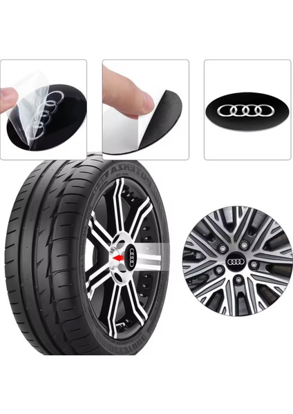 Audı Siyah Renk Gümüş Logolu Alüminyum 56 mm 4 Adet Jant Göbek Stıcker