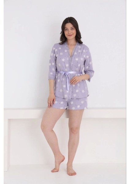 Kadın Milan Kumaş Sabahlıklı Dantel Detaylı Şortlu 3'lü Papatya Desenli Kadın Pijama Takımı - 7555