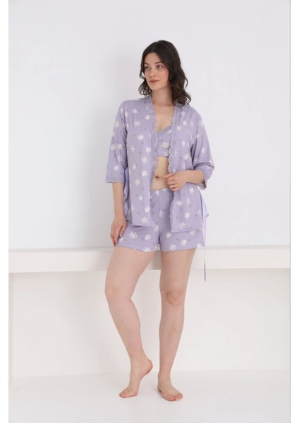 Kadın Milan Kumaş Sabahlıklı Dantel Detaylı Şortlu 3'lü Papatya Desenli Kadın Pijama Takımı - 7555